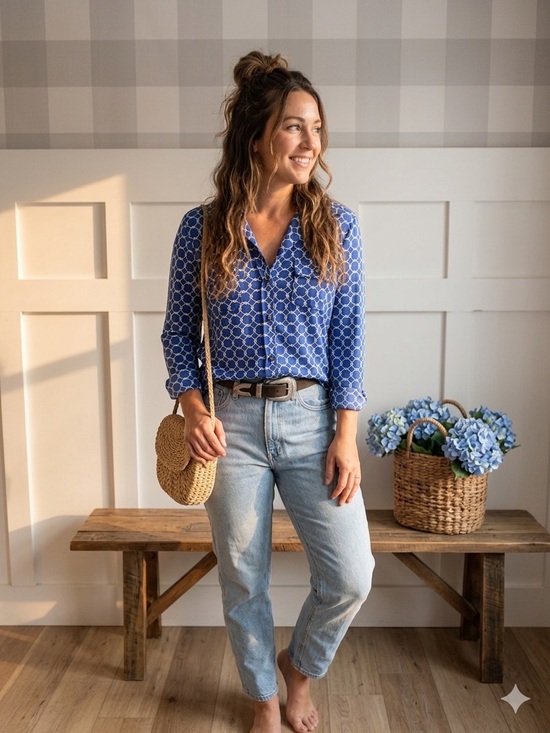 Charter Club Tops - Charter Club Blue Geometric Button-Up Blouse‎ Small